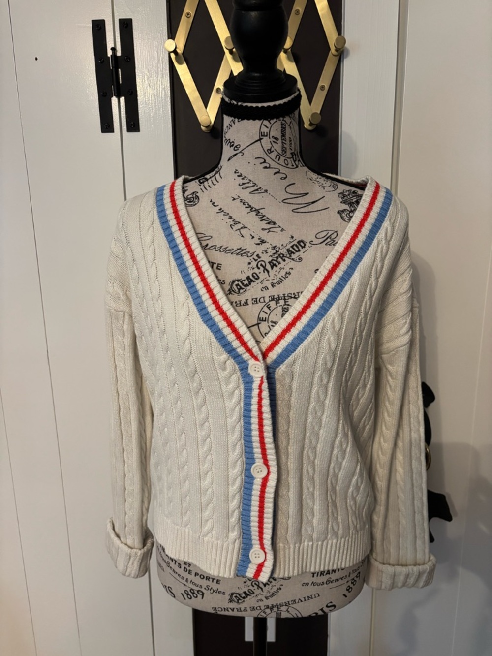 Prince Cream Cable Knit Cardigan with Red & Blue Trim